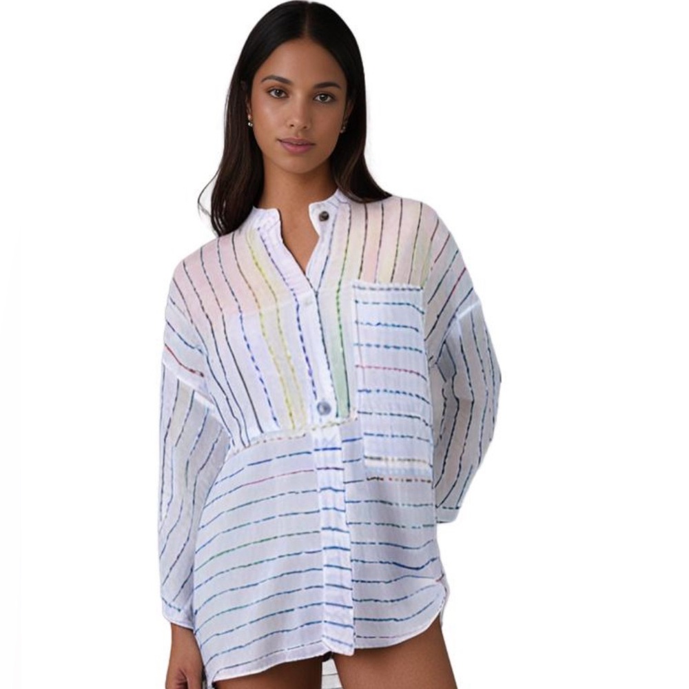 Free People Blouse Women Small Striped Oversized Multicolor Lightweight Rare